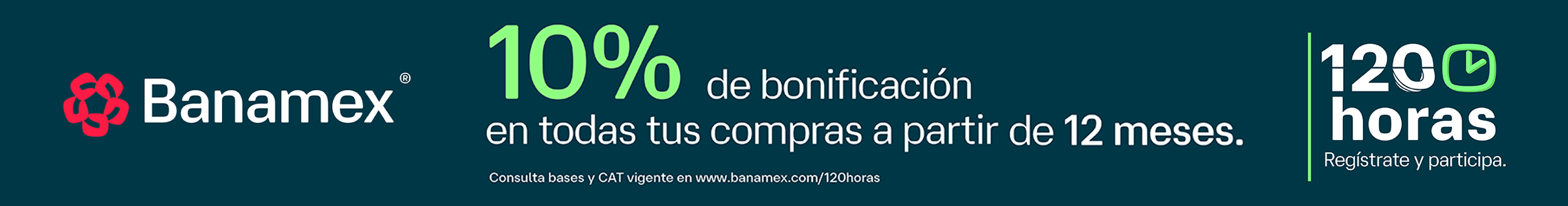Banner desktop secci&oacute;n Reebok con promoci&oacute;n Banamex 120 horas, 10% de bonificaci&oacute;n en todas tus compras a partir de 12 meses sin intereses, fondo verde petr&oacute;leo oscuro, logo de Banamex a la izquierda, cifra 10% en color verde, logo 120 horas con &iacute;cono de reloj y llamado a registrarse y participar, leyenda consulta bases y CAT vigente en www.banamex.com/120horas.