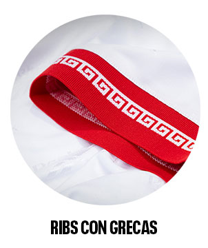 Detalle ribs rojos con grecas blancas, acabado textil retro.