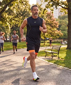 Look de running Reebok SoleMate para hombre, modelo corriendo en un parque arbolado, tank top negro Reebok, short negro con short de compresi&oacute;n naranja, calcetines blancos y tenis de running blancos Reebok con suela multicolor arco&iacute;ris, otros corredores al fondo. Ropa deportiva Reebok para hombre, tenis de running blancos SoleMate y outfit para correr.