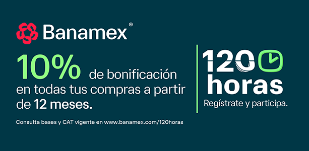 Banner desktop secci&oacute;n Reebok con promoci&oacute;n Banamex 120 horas, 10% de bonificaci&oacute;n en todas tus compras a partir de 12 meses sin intereses, fondo verde petr&oacute;leo oscuro, logo de Banamex a la izquierda, cifra 10% en color verde, logo 120 horas con &iacute;cono de reloj y llamado a registrarse y participar, leyenda consulta bases y CAT vigente en www.banamex.com/120horas.