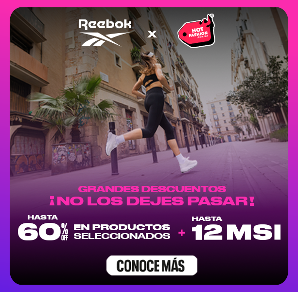Cintillo desktop Reebok Hot Fashion 2026 con grandes descuentos de hasta 60% OFF en productos seleccionados y hasta 12 meses sin intereses, vigencia del 10 al 17 de agosto, fondo degradado morado y magenta con logo Reebok Vector y etiqueta Hot Fashion. Promoci&oacute;n Reebok, descuento en tenis, rebajas y meses sin intereses.