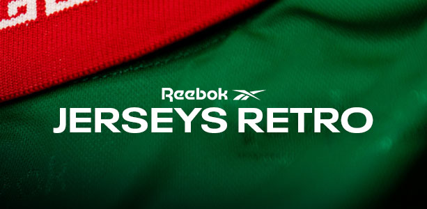Banner secci&oacute;n mobile Reebok Jerseys Retro con textil verde y detalle de ribs rojos con grecas.