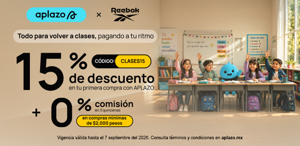 Banner mobile Reebok x Aplazo Back to School con 15% de descuento en tu primera compra con c&oacute;digo CLASES15, 0% de comisi&oacute;n en 3 quincenas en compras m&iacute;nimas de $2,000 pesos y 50% de descuento en productos seleccionados, texto Todo para volver a clases pagando a tu ritmo, ni&ntilde;os y ni&ntilde;as en un sal&oacute;n de clases levantando la mano junto a la mascota azul de Aplazo y mochilas escolares, vigencia del 18 de agosto al 7 de septiembre 2026. Reebok, Aplazo, regreso a clases, pagos a quincenas, descuento en tenis Reebok y mochilas escolares.