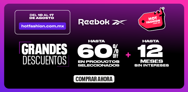 Banner mobile Reebok Hot Fashion 2026 con hasta 60% OFF en productos seleccionados y hasta 12 meses sin intereses del 10 al 17 de agosto en hotfashion.com.mx, fondo degradado morado y magenta con logo Reebok Vector y etiqueta Hot Fashion. Promoci&oacute;n Reebok, descuento en tenis y rebajas Hot Fashion.