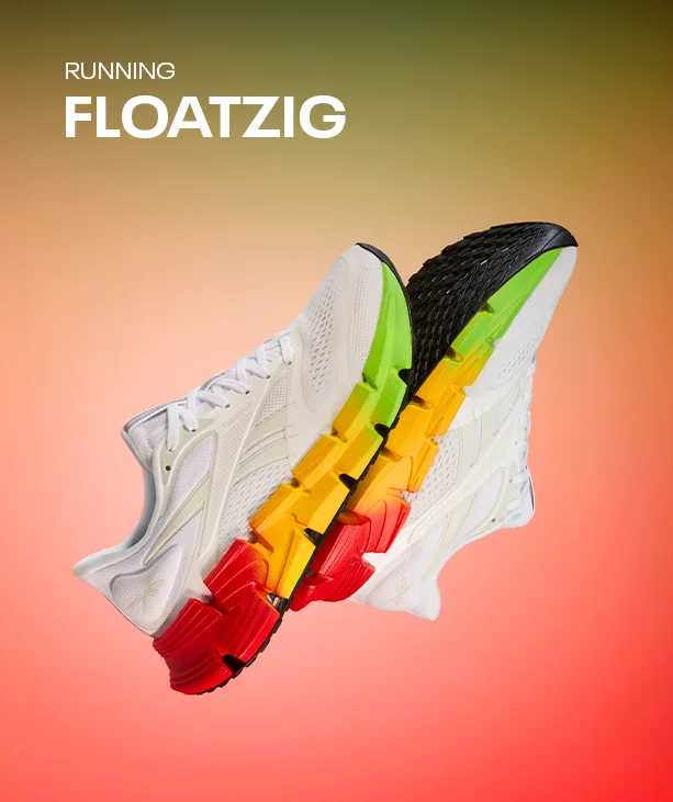 Silueta Reebok Floatzig de running, par de tenis blancos de malla con entresuela Zig escalonada en verde, amarillo y rojo, flotando sobre un degradado naranja y rojo. Tenis para correr Floatzig Reebok.