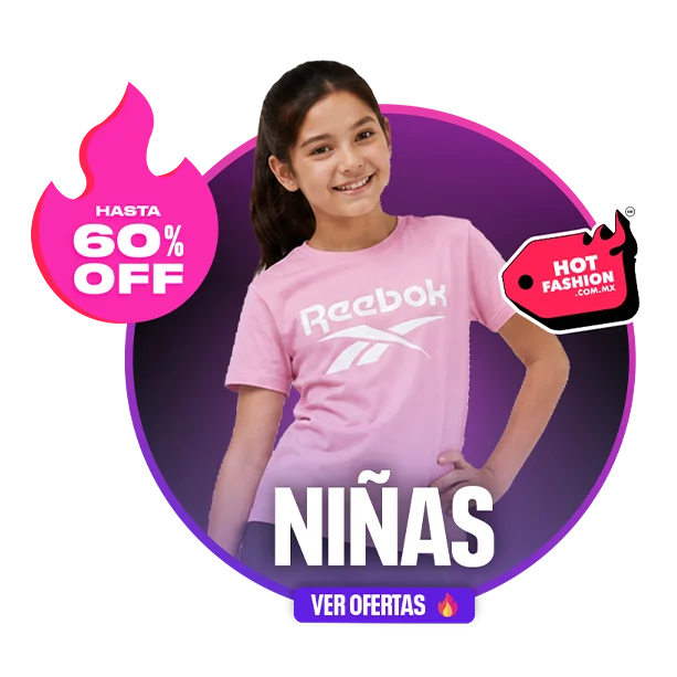 Card de g&eacute;nero Ni&ntilde;as Reebok Hot Fashion con hasta 60% OFF y bot&oacute;n Ver Ofertas, ni&ntilde;a con playera rosa Reebok con logo Vector, fondo degradado morado y rosa con llamas y etiqueta Hot Fashion. Reebok ni&ntilde;as, ropa deportiva infantil Reebok, playeras Reebok para ni&ntilde;a, rebajas y descuentos Hot Fashion