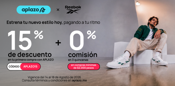 Banner mobile Reebok x Aplazo Hot Fashion con 15% de descuento en tu primera compra con c&oacute;digo APLAZO15 y 0% de comisi&oacute;n en 3 quincenas en compras m&iacute;nimas de $2,000 pesos, texto Estrena tu nuevo estilo hoy pagando a tu ritmo, modelo hombre sentado con chamarra universitaria verde, pantal&oacute;n beige y tenis blancos Reebok con detalles verdes, vigencia del 14 al 18 de agosto de 2026. Reebok, Aplazo, tenis blancos Reebok, outfit casual, descuento y pagos a quincenas