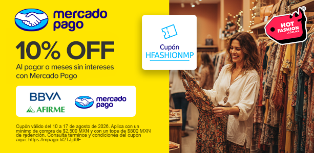 Cintillo desktop Reebok Hot Fashion con 10% OFF al pagar a meses sin intereses con Mercado Pago y cup&oacute;n HFASHIONMP, logos de Mercado Pago, BBVA y Afirme, etiqueta Hot Fashion, fondo amarillo con mujer sonriendo mientras revisa prendas en un rack de ropa dentro de una tienda con maniqu&iacute; al fondo, cup&oacute;n v&aacute;lido del 10 al 17 de agosto de 2026 con compra m&iacute;nima de $2,500 MXN y tope de $800 MXN de redenci&oacute;n. Reebok, Mercado Pago, Hot Fashion, meses sin intereses, cup&oacute;n de descuento, promoci&oacute;n en ropa y tenis Reebok.
