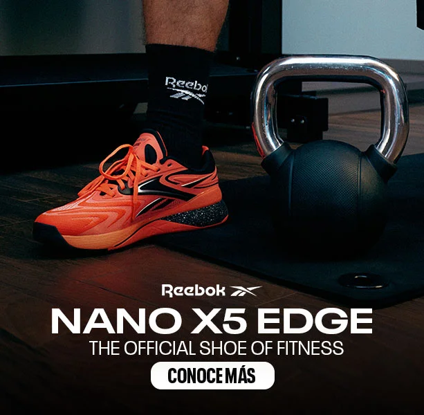 Banner mobile home Reebok Nano X5 Edge, tenis crossfit naranja ne&oacute;n con detalles negros y plateados junto a kettlebell met&aacute;lico sobre colchoneta negra, calcetines negros con logo Reebok, texto Nano X5 Edge The Official Shoe of Fitness y bot&oacute;n Conoce M&aacute;s.
