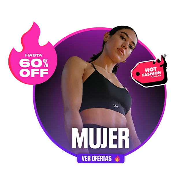 Card de g&eacute;nero Mujer Reebok Hot Fashion con hasta 60% OFF y bot&oacute;n Ver Ofertas, modelo mujer con top deportivo negro Reebok, fondo degradado morado y rosa con llamas y etiqueta Hot Fashion. Reebok mujer, ropa deportiva Reebok para mujer, tops y sport bras Reebok, rebajas y descuentos Hot Fashion.