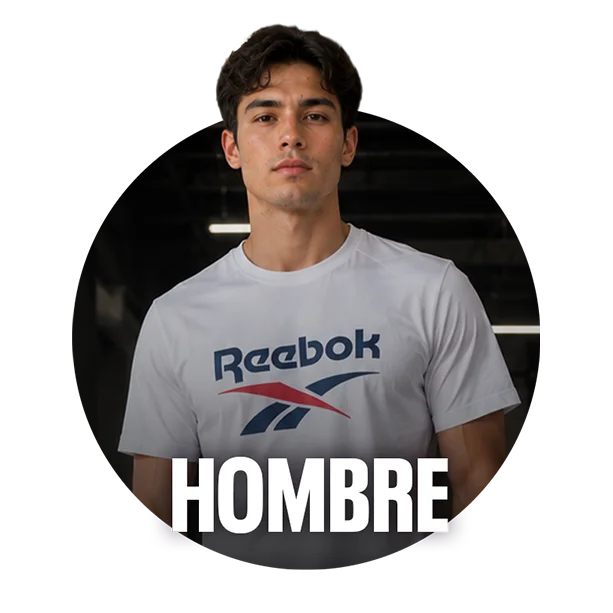 Card circular de categor&iacute;a Hombre Reebok , modelo masculino de cabello rizado con playera gris de logo Reebok Vector en azul y rojo, fondo oscuro de gimnasio desenfocado, texto Hombre en blanco. Ropa de hombre Reebok.