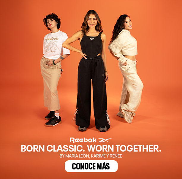 Banner mobile home Reebok Born Classic Worn Together FW26, tres modelos de cuerpo completo sobre fondo naranja con playera blanca de logo Reebok, top negro y su&eacute;ter tejido crema, logo Reebok Vector, titular Born Classic. Worn Together. by Mar&iacute;a Le&oacute;n, Karime y Renee y bot&oacute;n Conoce M&aacute;s. Reebok, Born Classic Worn Together, ropa Reebok FW26, Mar&iacute;a Le&oacute;n Reebok y Reebok Classics.