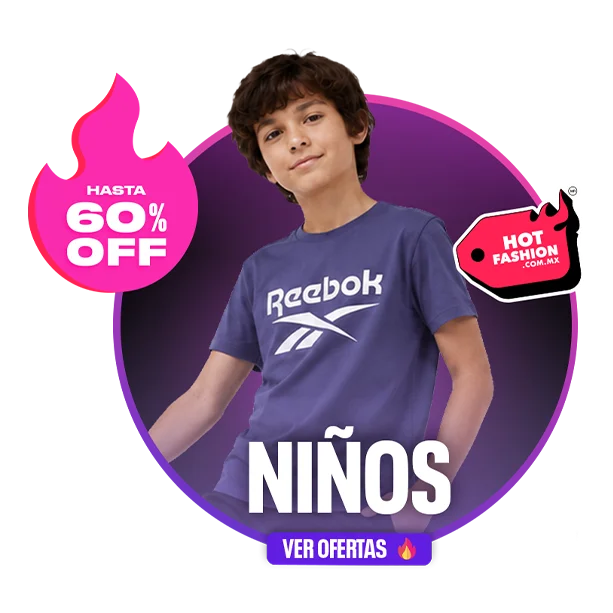 Card de g&eacute;nero Ni&ntilde;os Reebok Hot Fashion con hasta 60% OFF y bot&oacute;n Ver Ofertas, ni&ntilde;o con playera azul Reebok con logo Vector, fondo degradado morado y rosa con llamas y etiqueta Hot Fashion. Reebok ni&ntilde;os, ropa deportiva infantil Reebok, playeras Reebok para ni&ntilde;o, rebajas y descuentos Hot Fashion