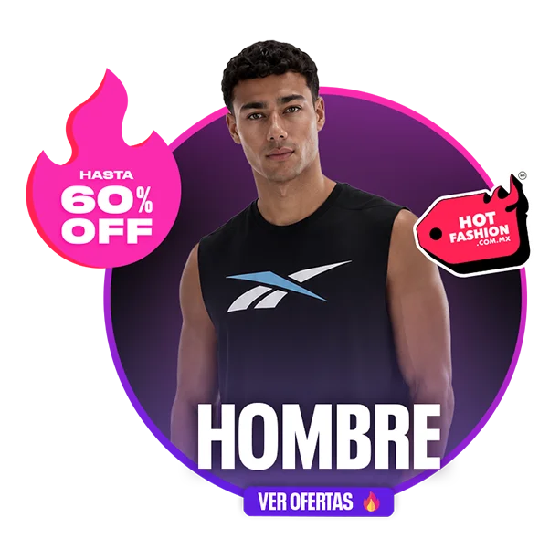 Card de g&eacute;nero Hombre Reebok Hot Fashion con hasta 60% OFF y bot&oacute;n Ver Ofertas, modelo hombre con tank top negro Reebok y logo Vector azul, fondo degradado morado y rosa con llamas y etiqueta Hot Fashion. Reebok hombre, ropa deportiva Reebok para hombre, playeras y tanks Reebok, rebajas y descuentos Hot Fashion.