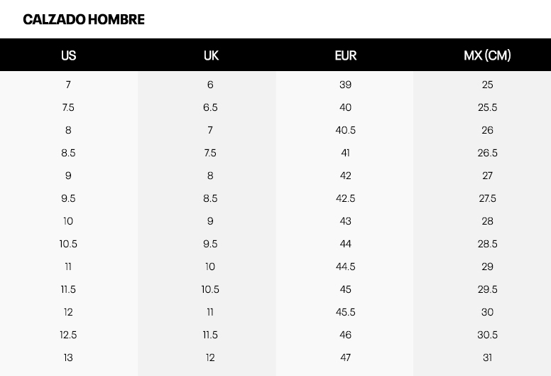 Tallas calzado para hombre