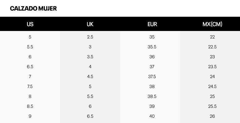 Tallas calzado para mujeres